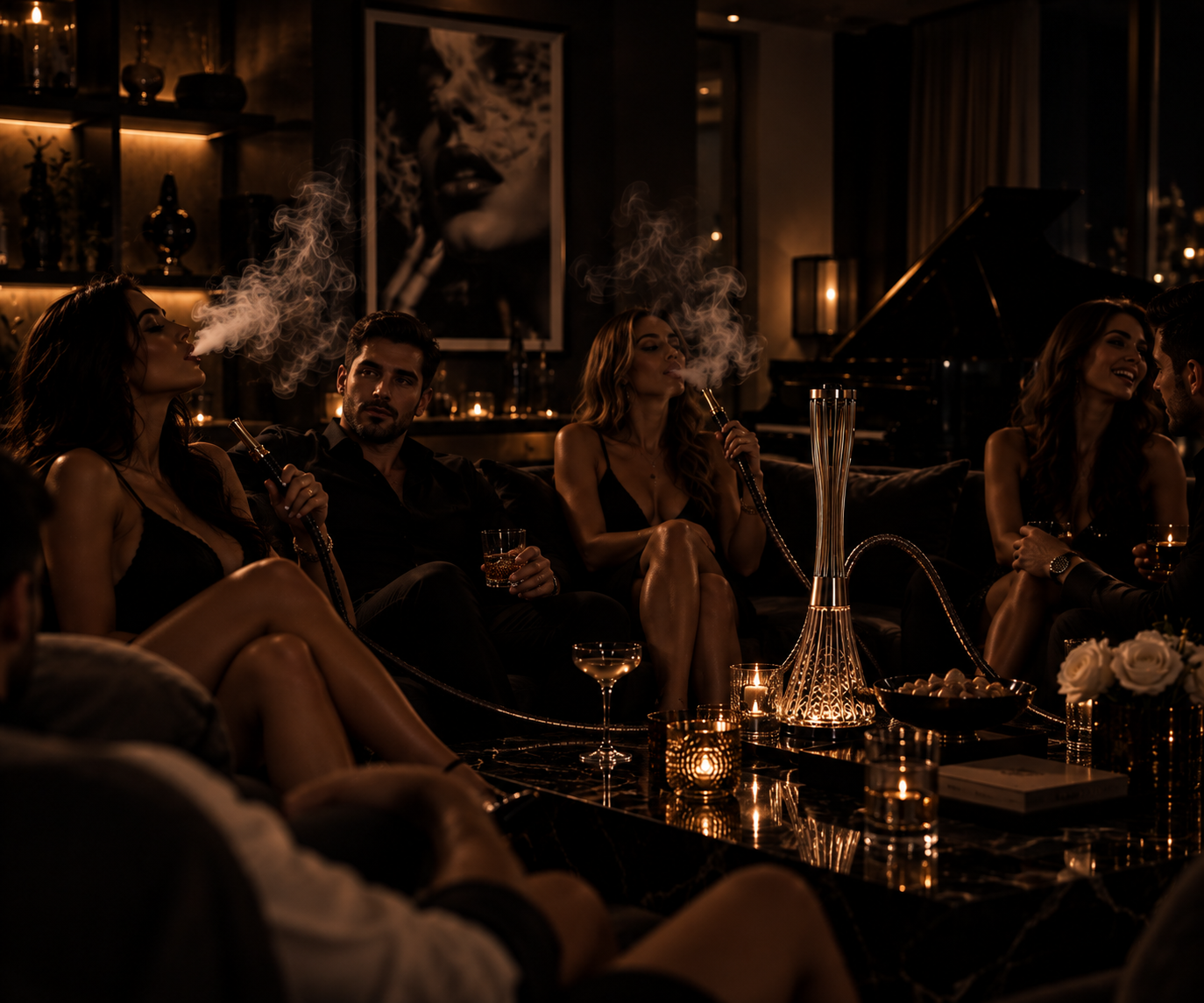 Guests gathered around a hookah in a candlelit lounge